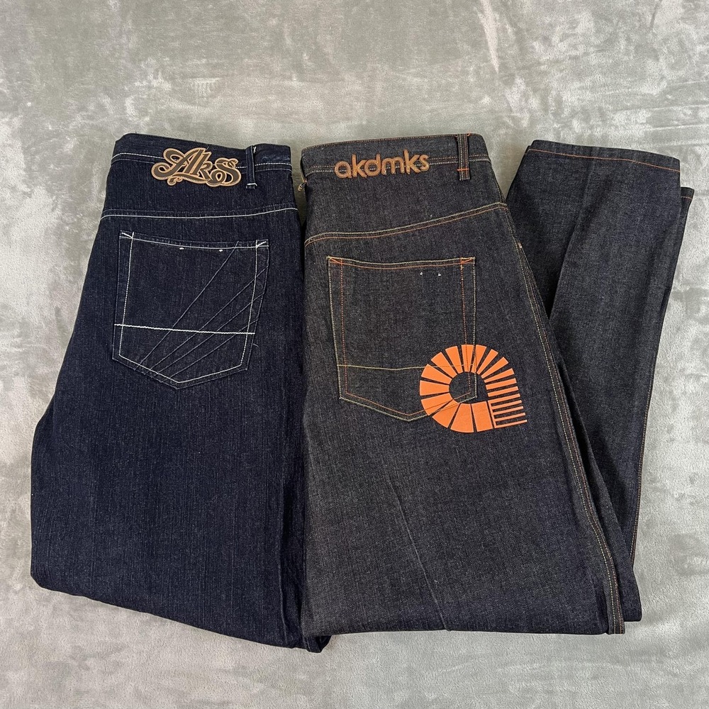 Y2K Akademiks Jeans Mens 42x34 Blue Relaxed Straight Leg Hip Hop Denim Lot 2